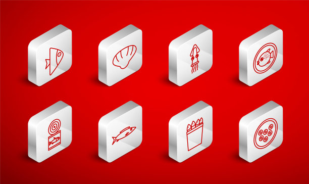 设置线鱼子酱在一个盘子，扇贝海贝，章鱼，河豚鱼，鱼桶与鱼，罐头图标。向量图片下载