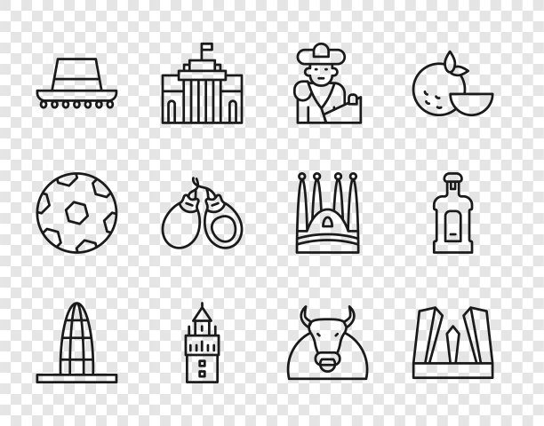 设置线Agbar塔，欧洲之门，斗牛，斗牛士，吉拉尔达，西班牙帽子，Castanets，和Orujo图标。向量图片下载