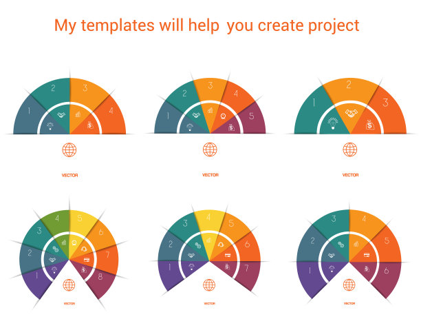 信息图表。颜色的半圆。模板的文本区域在3,4,5,6,7,8个位置图片下载