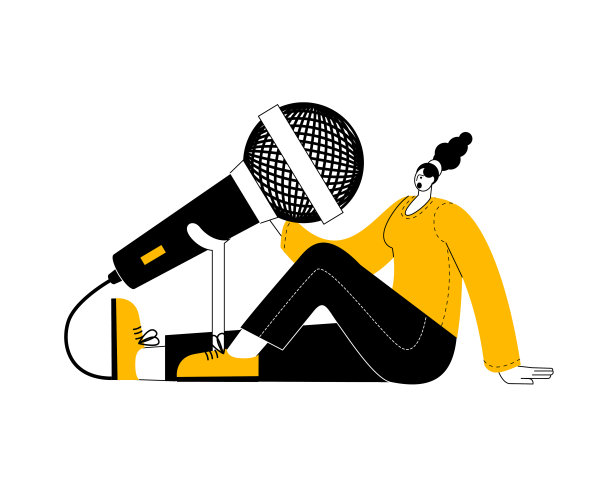 女孩对着一个大麦克风讲话。图片下载