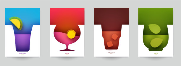 一套抽象剪影鸡尾酒与酒精或果汁在极简几何平面风格。创意多彩的组成。品牌概念菜单，封面，传单，横幅。矢量插图。图片下载