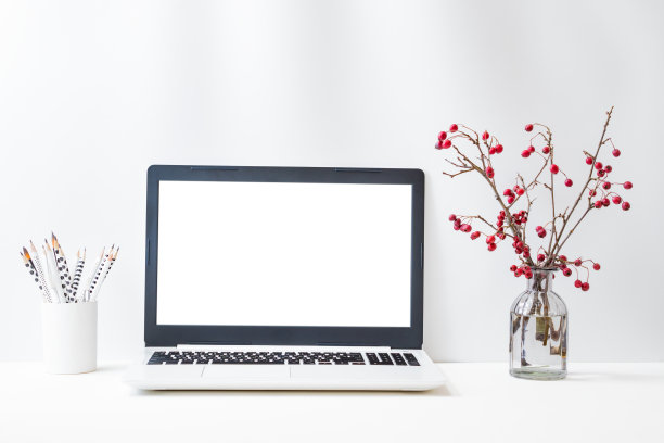 有笔记本电脑模型屏幕的办公空间，玻璃花瓶里的红色浆果树枝，浅色背景上的用品。圣诞家庭内部或办公室背景图片下载
