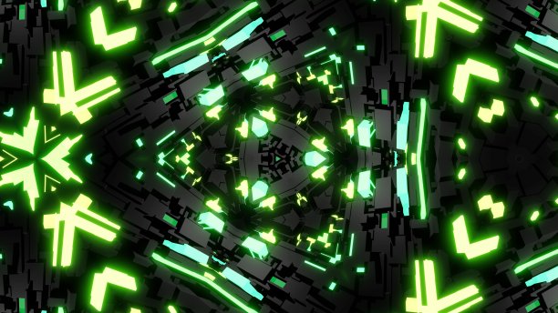 3 d渲染。抽象的背景与对称的结构，像万花筒与灯泡，多色霓虹灯。几何深色背景与3d对象图片下载