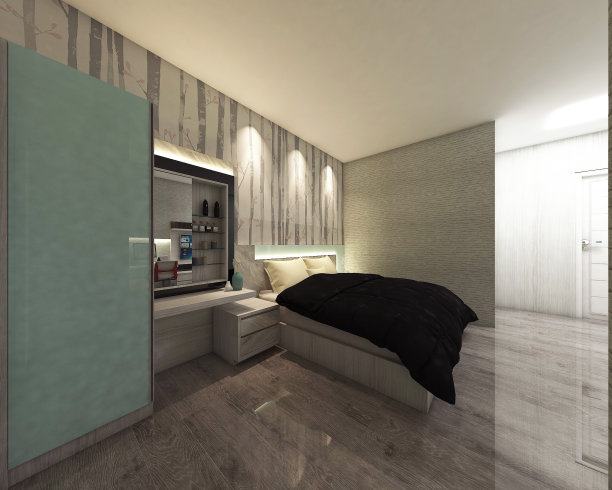 现代的主卧室，舒适的床和极简主义梳妆台图片下载