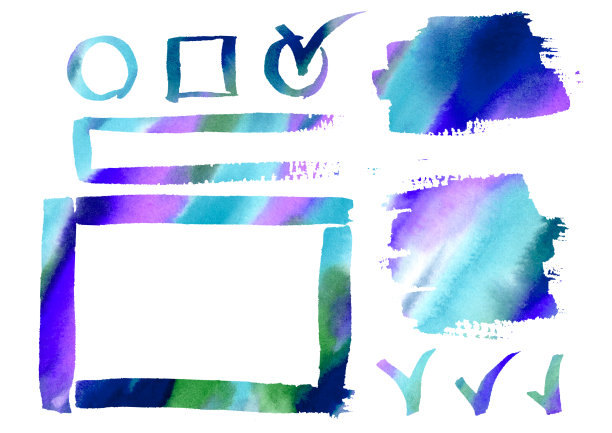 水彩框架徒手画。设置绿色，蓝色，绿松石和紫色的框架元素在白色。信息图表、目录的背景。图片下载