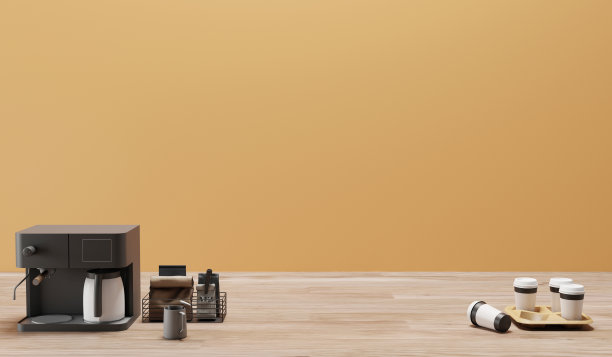 3D渲染复制空间咖啡和咖啡色背景咖啡机，纸制咖啡杯图片下载