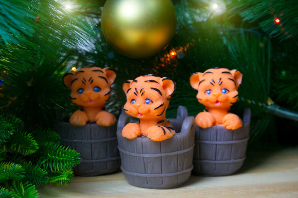 以云杉树枝和圣诞玩具为背景，三只老虎坐在桶里，象征着2022年的到来图片下载
