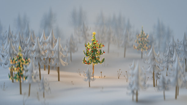 装饰圣诞树在树林卡通风格3D渲染图片下载