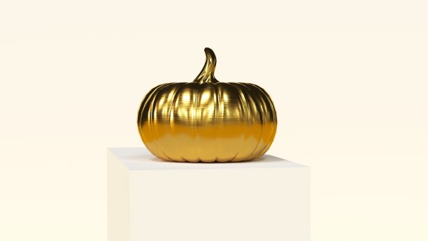 3 d渲染。讲台上有金色的南瓜。节日万圣节主题图片下载