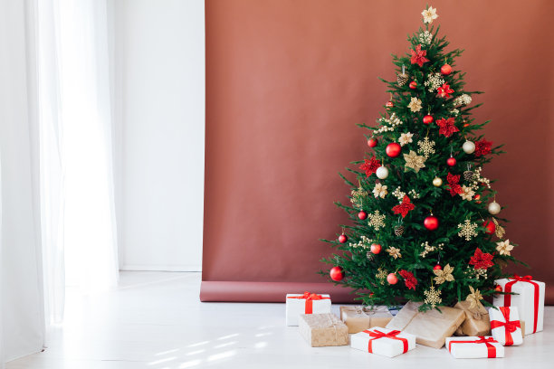 新年在家里用礼物装饰圣诞树图片下载