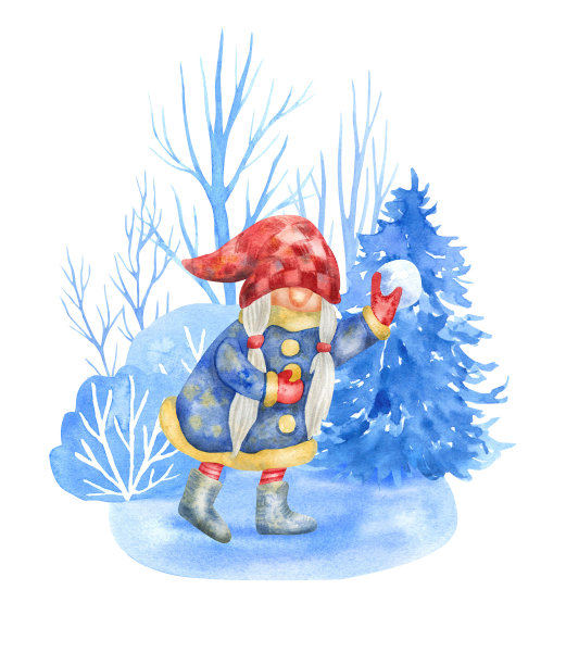 小矮人在雪林水彩画插图中玩雪球图片下载