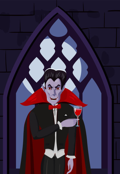 德古拉吸血鬼角色穿着黑色的红斗篷，拿着酒杯，黑暗的城堡窗户，月亮，室内。矢量插图卡通风格孤立图片下载