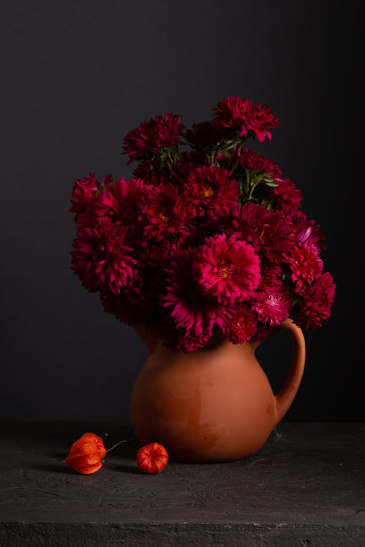 深红色紫苑的酒香在深色背景的陶瓷壶中图片下载