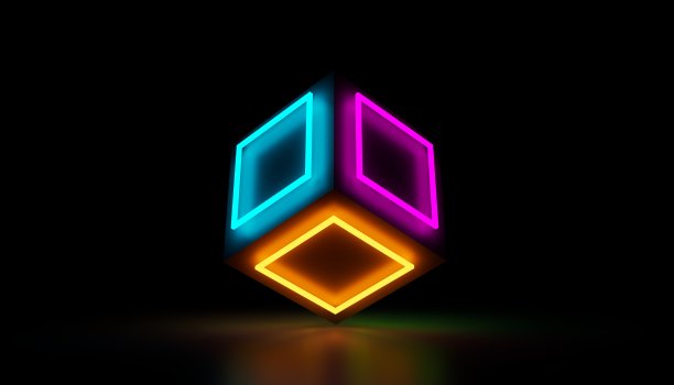 三维立方体与霓虹灯在黑色背景。三维渲染图片下载