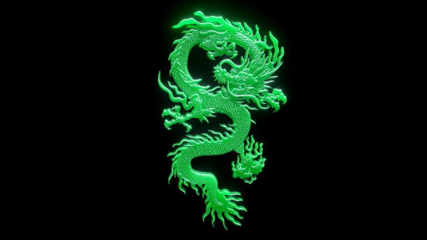 三维渲染的玉中国辉光龙孤立在黑色背景图片下载