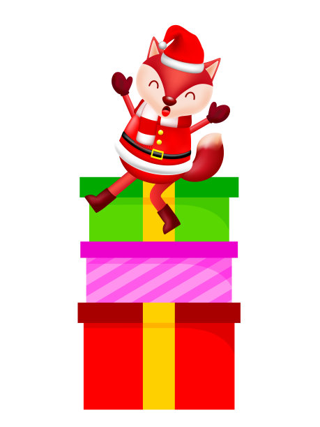 可爱的圣诞狐狸角色设计与礼盒。图片下载