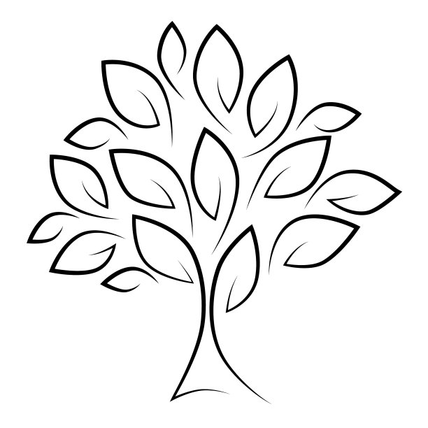 程式化的树与树叶，黑色剪影上的白色背景图片下载