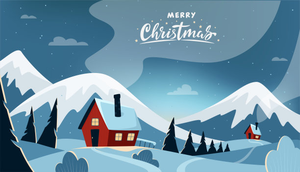 夜冬山景与手写圣诞快乐。图片下载