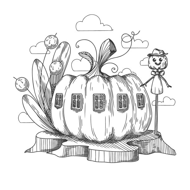 一个梦幻南瓜屋的草图。卡通南瓜地精屋。矢量插图。图片下载
