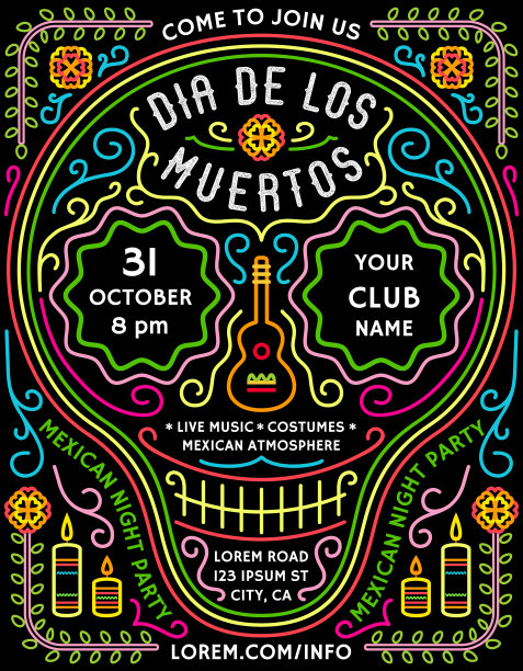 Dia de los Muertos宣布海报模板与墨西哥风格装饰细节。图片下载
