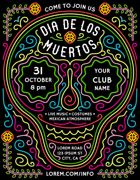 Dia de los Muertos宣布海报模板明亮的墨西哥风格细节。图片下载