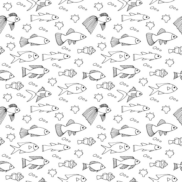 海鱼无缝模式矢量插图，手绘涂鸦图片下载