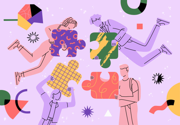 人们在抽象的空间中成群飞翔，连接着大的拼图元素图片下载