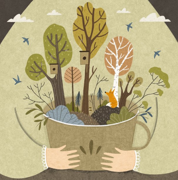 秋姑娘拿着一个杯子，里面有森林动物狐狸鸟舍的概念屏保图片下载