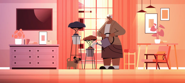 老年妇女从浇水罐中浇花，老年家庭主妇照顾室内植物，客厅内部图片下载