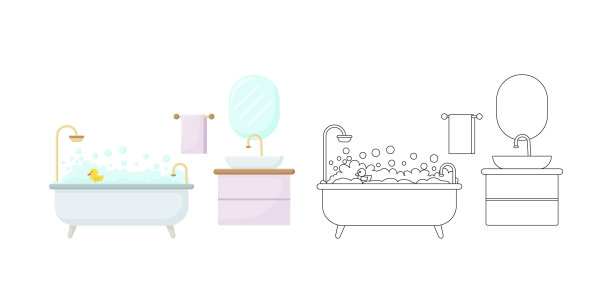 浴室着色。线性向量浴室。带有家具的洗手间平面图。用提纲风格的插图。矢量图图片下载