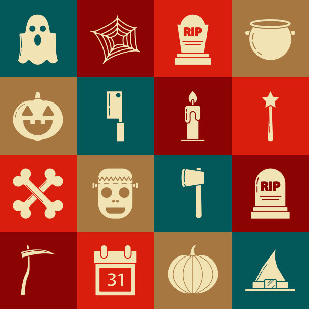 设置女巫帽子，墓碑与RIP，魔杖，肉刀，南瓜，幽灵和燃烧的蜡烛图标。向量图片下载