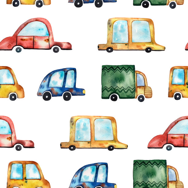 水彩汽车图案。手绘的风格。卡通艺术。印刷包装纸和纺织品。可爱的孩子无缝纹理。传统的圣诞旧车概念。有趣的装饰品。图片下载