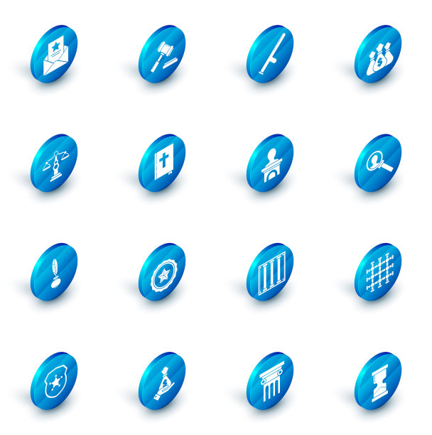 法官 gavel、警用橡胶警棍、钱袋、正义天平、羽毛笔和墨水瓶、圣经书、搜索放大镜和舞台讲台图标矢量图图片下载