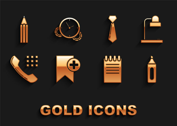 设置书签，台灯，记号笔，笔记本，电话听筒，领带，铅笔和时间管理图标。向量图片下载