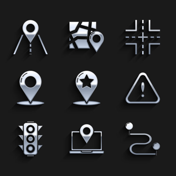 设置地图指针与星号，笔记本电脑位置标记，路线，感叹号三角形，交通灯，大头针，道路交通标志和图标。向量图片下载