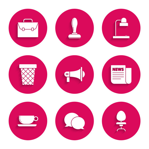 设置扩音器，语音泡泡聊天，办公椅，新闻，咖啡杯平，垃圾桶，台灯和公文包图标。向量图片下载