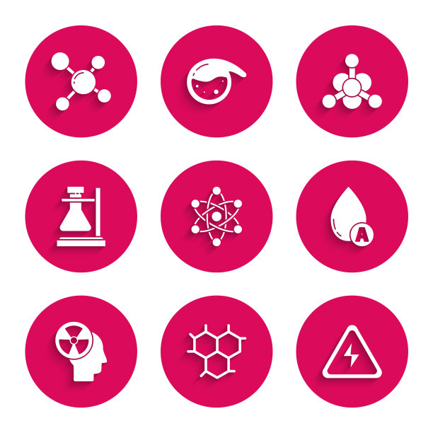 集合原子，化学式，高压标志，水滴，人头和辐射，试管烧瓶架，细菌和分子图标。向量图片下载