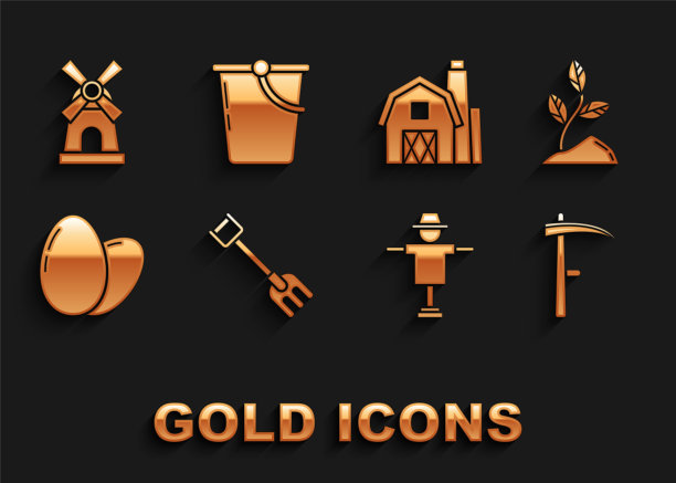 设置花园耙，发芽，镰刀，稻草人，鸡蛋，农场概念，风车和桶图标。向量图片下载