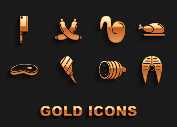 排骨眼牛排，烤火鸡，鱼，意大利香肠，牛排肉，炸鸡翅，剁肉刀和十字架图标。向量图片下载