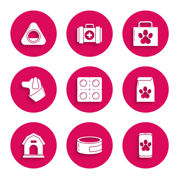 集狗和药丸，罐头食品，在线兽医诊所符号，袋的宠物，房子，宠物急救箱和床图标。向量图片下载