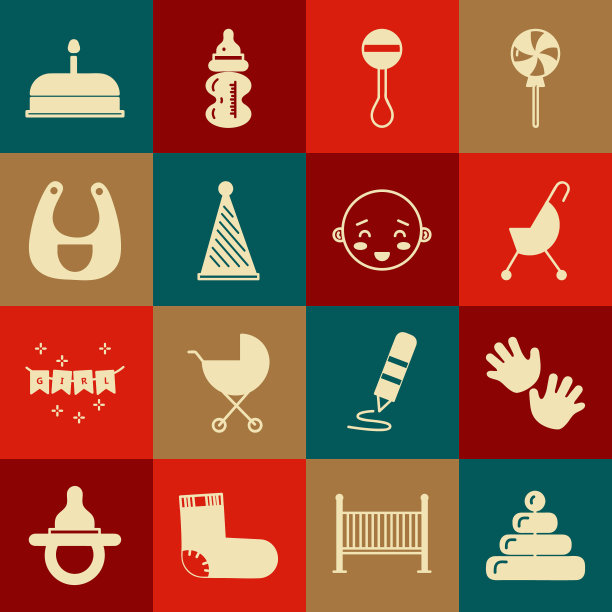 集合金字塔玩具，婴儿手印，婴儿车，拨浪鼓婴儿，派对帽子，围嘴，蛋糕与燃烧的蜡烛和快乐小男孩的头图标。向量图片下载