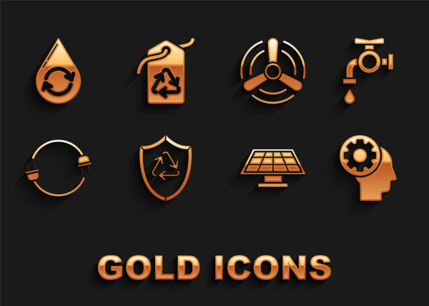 设置回收标志内盾，水龙头，人的头齿轮，太阳能电池板，电力插头，风力涡轮机，清洁水和标签的回收图标。向量图片下载