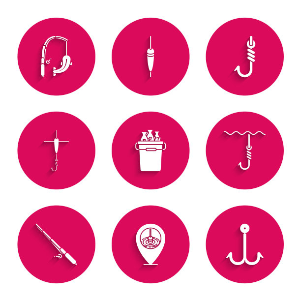 设置“带鱼的水桶”、“位置钓鱼”、“钩”、“水下”、“竿”、“浮”、“图标”。向量图片下载