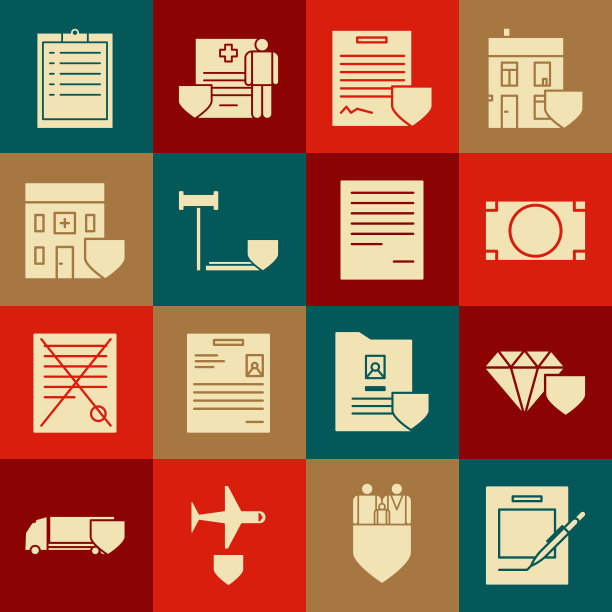 设置空白笔记本和笔，钻石与盾牌，堆栈纸币现金，合同，法官槌，医院大楼，剪贴板检查表和文件图标。向量图片下载