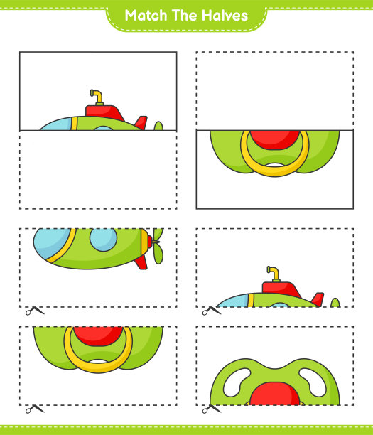 匹配的部分。将潜艇和奶嘴配对。教育儿童游戏，可打印的工作表，矢量插图图片下载
