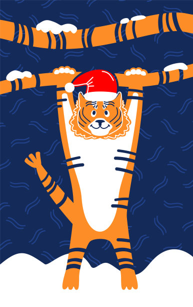 戴着新年帽的老虎。新年明信片。快乐的老虎尾巴挂在蓝色背景的节日帽。矢量插图。图片下载