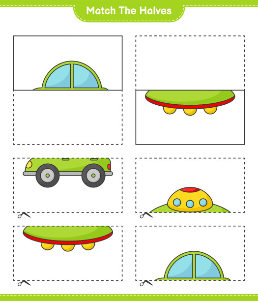 匹配的部分。将Car和Ufo配对。教育儿童游戏，可打印的工作表，矢量插图图片下载