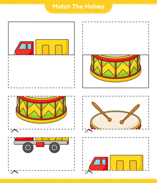 匹配的部分。把卡车和鼓的一半配对。教育儿童游戏，可打印的工作表，矢量插图图片下载