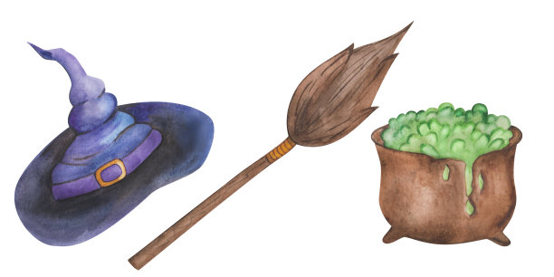 水彩插图手绘女巫或巫师长帽子，坩埚，扫帚为万圣节图片下载