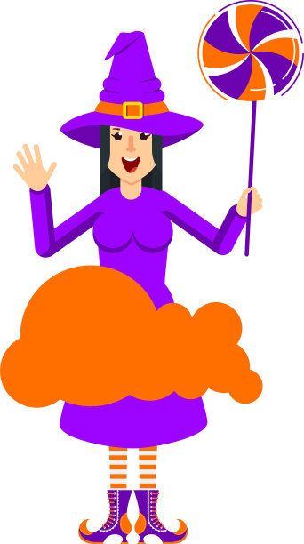 年轻美丽的女巫拿着一颗大糖果。图片下载